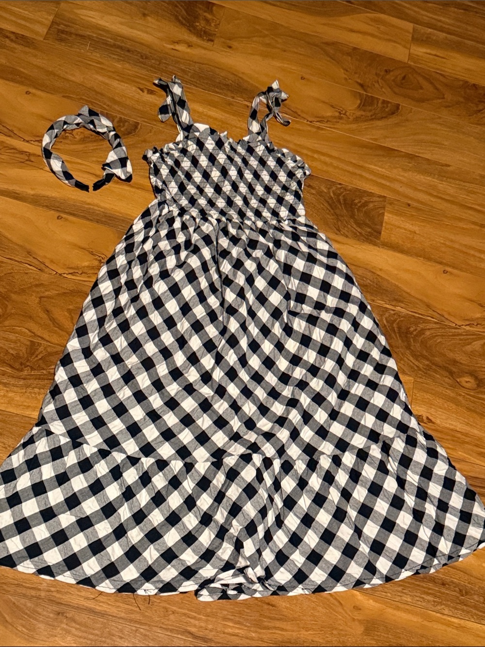 Girls Black & White Gingham Tie-Shoulder Dress with Matching Headband